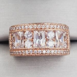 18k Rose Gold - 925 Sterling Silver Diamond Simulants Band Ring